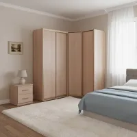 Угловой встроенный шкаф купе в спальню с распашными и купе дверями из ЛДСП от производителя ЗаказКупе